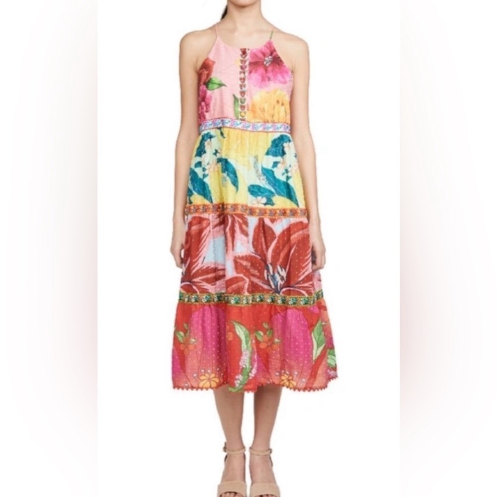 Farm Rio Tiered Cotton Tank Midi in Mixed Garden Floral Dress Women’s size Small